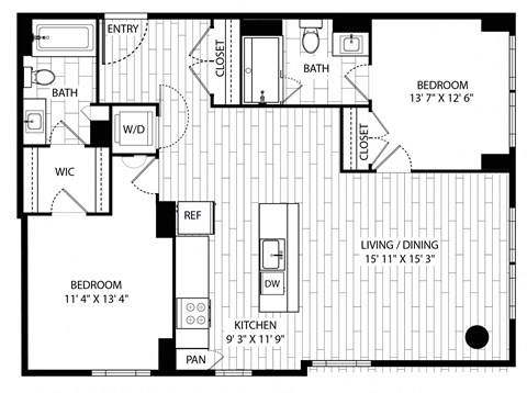 Floor plan for 2 beds, 2 baths, 1167 sqft